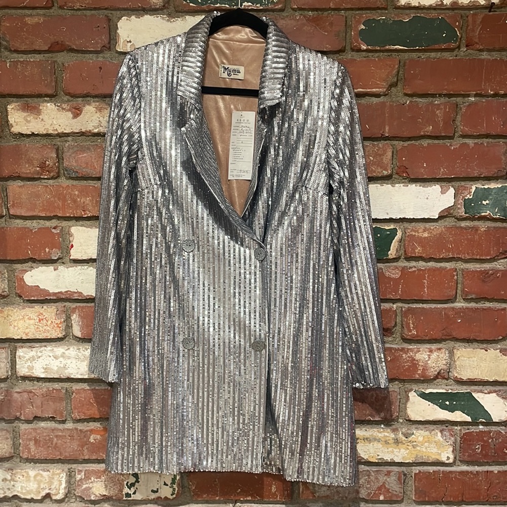 Show Me Your MuMu BAZEL blazer dress in silver sequins size small NWT